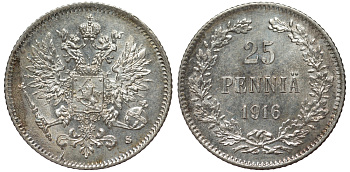 Россия для Финляндии 25 пенни 1916 S, Николай II (1894-1917) KM 6.2, Биткин 421 серебро 75-1311