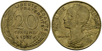 Франция 20 сантимов 1987 тип Marianne KM 930 медь алюминий никель 4135-625