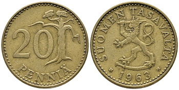 ФИНЛЯНДИЯ 20 ПЕННИ 1963 KM 47 алюминиевая бронза 34-1041