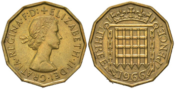 Великобритания 3 пенса 1966 Елизавета II (1952-2022) KM 900, Spink 4153 никель латунь aUNC 4163-823