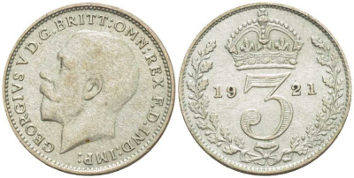 Великобритания 3 пенса 1921 Георг V (1910-1936) KM 813а, Spink 4026 серебро 75-546