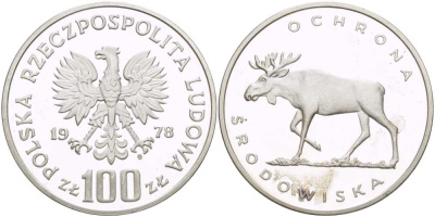 Польша 100 злотых 1978 MW, серия охрана окружающей среды, лось KM 93, Parchimowicz 281 серебро PROOF 1080-1-12