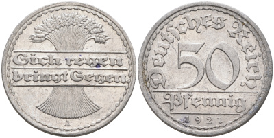Германия 50 пфеннигов 1921 A KM 27, J.301, Weege 10 алюминий    4589-223