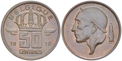 БЕЛЬГИЯ 50 САНТИМОВ 1972 BELGIQUE, БОДУЭН I (1951-1993) KM 148.1 бронза 214-459