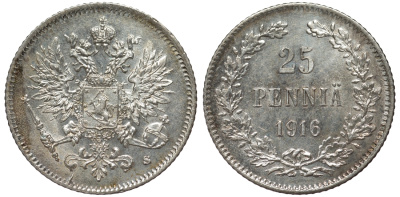 Россия для Финляндии 25 пенни 1916 S, Николай II (1894-1917) KM 6.2, Биткин 421 серебро 75-1311