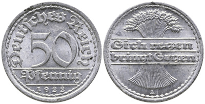 ГЕРМАНИЯ 50 ПФЕННИГОВ 1922 A KM 27, J. 301 алюминий 24-1043