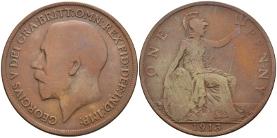 Великобритания 1 пенни 1913 Георг V (1910-1936) KM 810, Spink 4051 бронза 4593-142