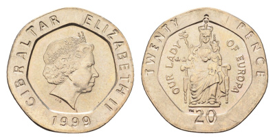 Гибралтар 20 пенсов 1999 KM 777 медно-никель UNC 4668-528