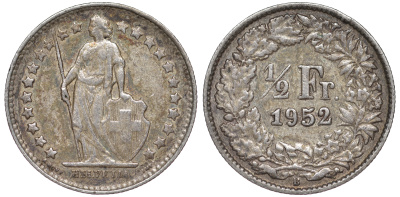 Швейцария 1/2 франка 1952 KM 23 серебро 4178-312