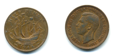 Великобритания 1/2 пенни 1944 Георг VI (1936-1952) KM 844, Spink 4115 бронза 540-436