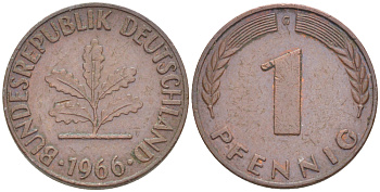 ФРГ 1 ПФЕННИГ 1966 G KM 105, J. 380 сталь плакированная медью 4181-539