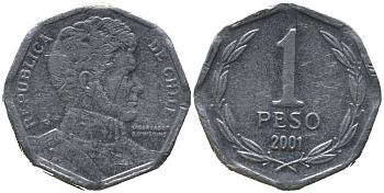 Чили 1 песо 2001 So KM 231, Schon 79 алюминий 4387-628