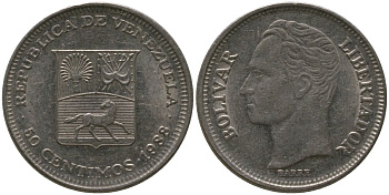 Венесуэла 50 сентимо 1988 Симон Боливар KM 41a сталь плакированная никелем 4525-855