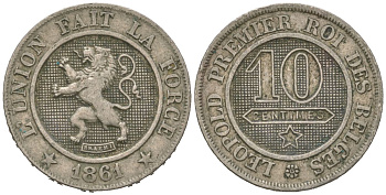 Бельгия 10 сантимов 1861 Леопольд I (1831-1865) KM 22 медно-никель 4615-665