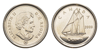 Канада 10 центов 2009 Leaf, Елизавета II (1952-2022), парусник KM 492 сталь плакированная никелем UNC 4636-651