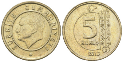 Турция 5 курушей 2013 KM 1240 медь цинк никель aUNC 4621-458