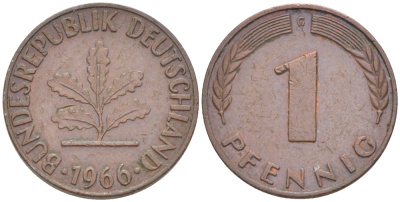 ФРГ 1 ПФЕННИГ 1966 G KM 105, J. 380 сталь плакированная медью 4181-539