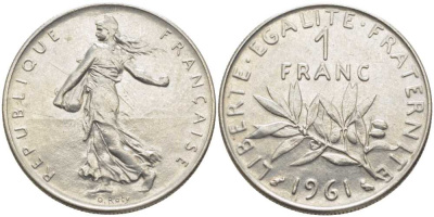 ФРАНЦИЯ 1 ФРАНК 1961 СЕЯТЕЛЬ KM 925.1, LE FRANC 226.6 никель 175-521