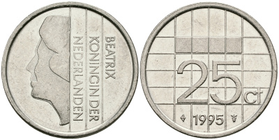НИДЕРЛАНДЫ 25 ЦЕНТОВ 1995 БЕАТРИКС KM 204 никель 96-329