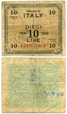 Италия 10 лир 1943 серия А-А, второй выпуск, военная валюта союзников Pick М 19а бумага 3295-60-2-1