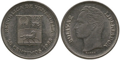 Венесуэла 50 сентимо 1988 Симон Боливар KM 41a сталь плакированная никелем 4525-855