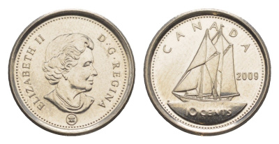 Канада 10 центов 2009 Leaf, Елизавета II (1952-2022), парусник KM 492 сталь плакированная никелем UNC 4636-651