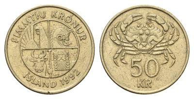 Исландия 50 крон 1992 краб KM 31 никель латунь 4691-223