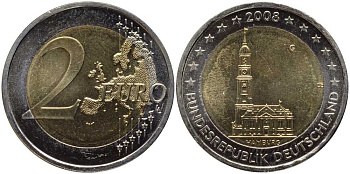 ФРГ 2 евро 2008 G, серия федеральные земли, церковь Св. Михаила в Гамбурге KM 261 биметалл UNC 115-1214