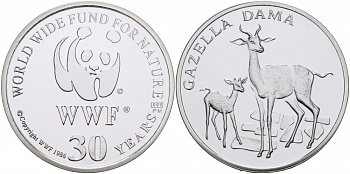 ЕВРОПА МЕДАЛЬ 1986 30 ЛЕТ WWF, ГАЗЕЛЬ, GAZELLA DAMA серебро PROOF 00-00