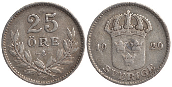 Швеция 25 эре 1929 G, Густав V (1907-1950) KM 785 серебро 4179-842