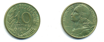 ФРАНЦИЯ 10 САНТИМОВ 1978 ТИП MARIANNE KM 929 медь алюминий никель 84-1625