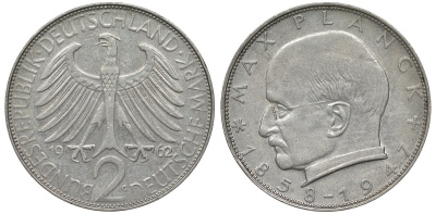 ФРГ 2 марки 1962 G , Макс Планк KM 116, J. 392 медно-никель плакированный никелем 72-321