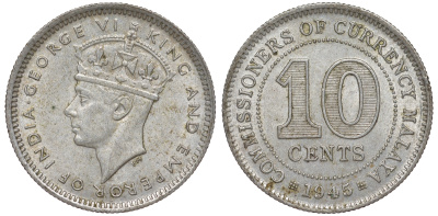 Британская Малайя 10 центов 1945 Георг VI (1937-1952) KM 4a серебро 53-265