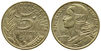 ФРАНЦИЯ 5 САНТИМОВ 1998 ТИП MARIANNE KM 933 медь алюминий никель 93-1325