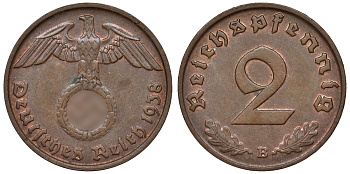 Германия 2 рейхспфеннига 1938 B KM 38, J. 362 алюминиевая бронза 4121-626