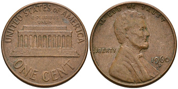 США 1 цент 1960 D, Линкольн KM 201 медь цинк 4564-337