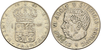 Швеция 1 крона 1961 TS, Густав VI Адольф (1950-1973) KM 826 серебро 4150-121