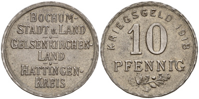 Германия, Бохум 10 пфеннигов 1918 Funck 49.1A b) железо 4606-211