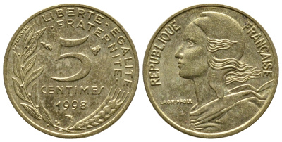 ФРАНЦИЯ 5 САНТИМОВ 1998 ТИП MARIANNE KM 933 медь алюминий никель 93-1325