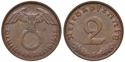 Германия 2 рейхспфеннига 1938 B KM 38, J. 362 алюминиевая бронза 4121-626