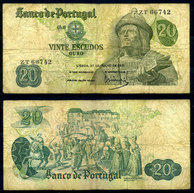 Португалия 20 эскудо 1971 27 июля 1971, Гарсия Де Орта, signatures: Jos? da Silva Lopes & Lu?s Carlos de Assun??o Braz Teixeira Pick 173(5) бумага 7204-3-3-2