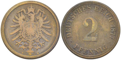 ГЕРМАНИЯ 2 ПФЕННИГА 1877 A, СТАРОГЕРБОВКА KM 2, J. 2, Weege 3 медь 212-722