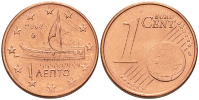 ГРЕЦИЯ 1 ЕВРОЦЕНТ 2002 KM 181 сталь плакированная медью UNC 214-336