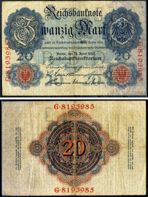 Германия 20 марок 1910 Pick 40 b бумага 7191-2-3-2