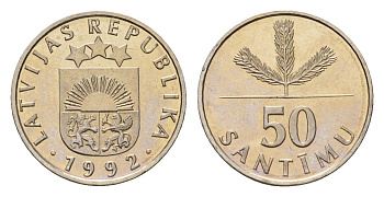 Латвия 50 сантимов 1992 KM 13 медно-никель UNC 4173-155