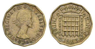 Великобритания 3 пенса 1963 Елизавета II (1952-2022) KM 900, Spink 4153 никель латунь 85-911