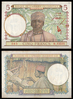 Французская Западная Африка 5 франков 1943 мужчина в традиционном наряде и станок для шелка Pick 26 бумага 00-00