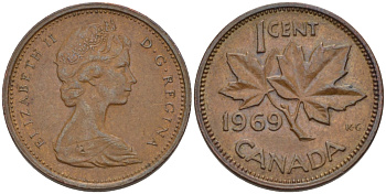 Канада 1 цент 1969 Елизавета II (1952-2022), кленовый лист KM 59.1 бронза 261-1619
