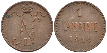 РОССИЯ ДЛЯ ФИНЛЯНДИИ 1 ПЕННИ 1916 НИКОЛАЙ II (1895-1917) KM 13, Биткин 476 медь 211-1044