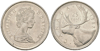 Канада 25 центов 1987 Елизавета II (1952-2022), олень KM 74 никель 4382-1214